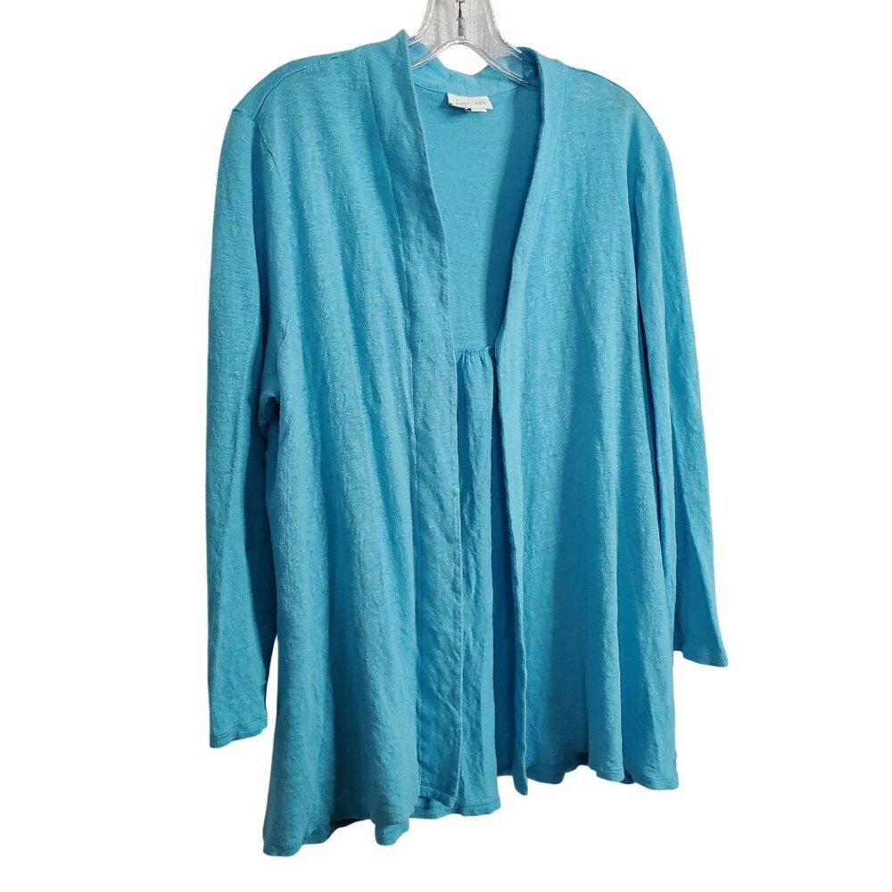 J Jill Love Linen Size XL Cardigan Open Front 100% Linen Shirred Back Turquoise